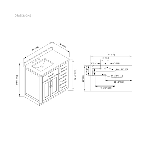 Image of OVE Decors Athea 36 in. Single Sink Freestanding Greige Bathroom Vanity with White Engineered Marble Top, Matching Backsplash, Power Bar and Brushed Gold Hardware