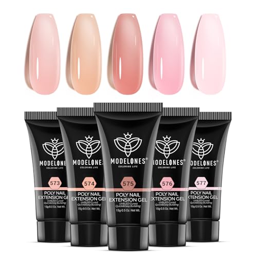 modelones Poly Gel Set 5 Colors Jelly Gel Milky White Sheer Pink Nude Translucent Nail Extension Kit DIY Art for Women