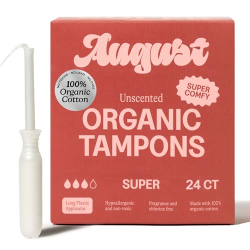August Super Tampons - Easy-Glide Long Applicators - 24-Pack 100% Organic Cotton Tampons for Women Non-Toxic Fragrance-Free and Hypoallergenic