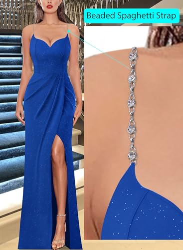 Image of VFSHOW Womens Sexy Formal Ruched Fitted High Slit Bodycon Maxi Dress Spaghetti Strap Sweetheart Cocktail Prom Evening Gown