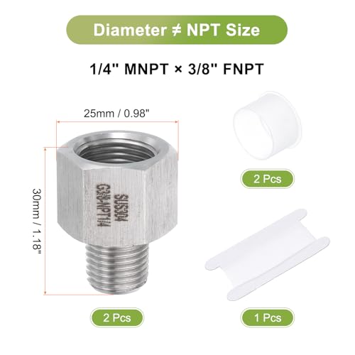 Image of uxcell 2 Pcs Pipe Fittings Reducer Adapter 1 /4 inch NPT Male Pipe x 3 /8 inch G Female Pipe Stainless Steel Adapter Pressure Gauge Connector for Oil Air Gas Hydraulic Systems