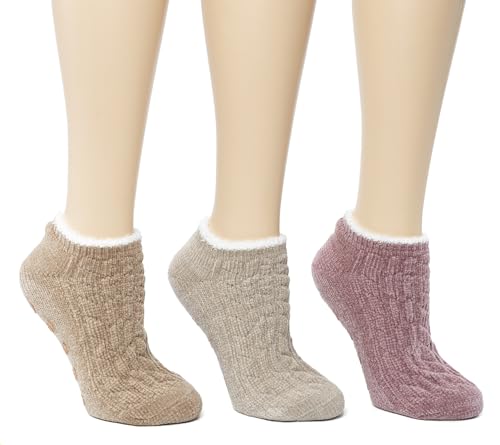 Cuddl Duds Women Cozy Lined Super Soft 3 Pair Pack Low Cut with Grippers Lounge Socks, Oatmeal