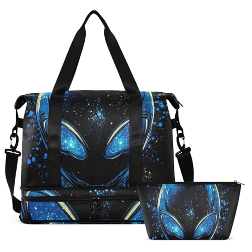 Glittering Aliens Black Gym Tote Bag Overnight Carry On Tote and Luggage with Toiletry Bag for Travel Large Capacity2