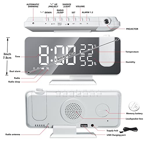 Hanaix 0059 Projection Digital Alarm Clock For Bedrooms, Radio Alarm Clock On Ceiling, Usb Charger Port, Temperature & Humidity Display thumb #5