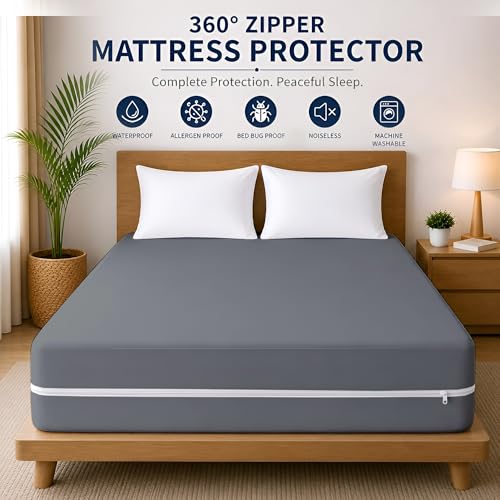Image of 100% Waterproof Queen Size Zipper Mattress Encasement - Ultra Soft & Breathable Six-Sided Bed Cover, Dustproof Noiseless Fitted Design, 72x60 Inch (6x5 Feet), Fits Up to 6 Inch Mattress, Grey