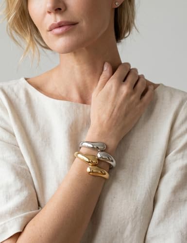 Image of Chunky Gold Bangle Bracelets for Women, Dainty 14k Gold Plated Big Stackable Bangles Set, Trendy Statement Cuff Bracelet Stack Fashion Jewelry Gifts