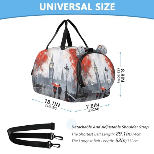YETTASBIN Sport Travel Duffel Bag for Girls Boys, London Landscape Large Waterproof Weekender Overnight Bag, Detachable Shoulder Strap Gym Bag with Shoe Compartment & Wet Pocket3
