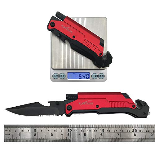 Image of ALBATROSS 6-in-1 Survival Tactical Military Folding Pocket Knives with LED Light,Rope Cutter,Glass Breaker,Magnesium Fire Starter,Bottle Opener;Multi-Function Emergency Tool(Red)