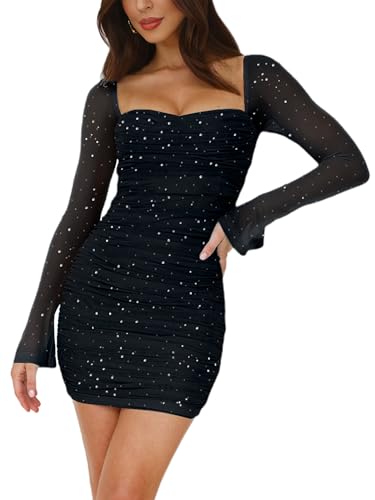 Image of Lrady Women's Sexy Long Sleeve Bodycon Mini Dress Mesh Square Neck Slim Fit Ruched Party Club Short Dresses