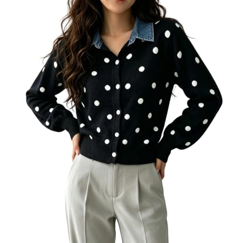 Cropped Cardigan for Women Crew Neck Polka Dot Sweater Fall Clothes - image 1