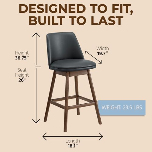 Image of Rowan 26 inch Swivel Counter Height Stool in Walnut Finish with Black Vegan Leather Upholstery Seat - Kitchen or Dining Room Furniture, Set of 2