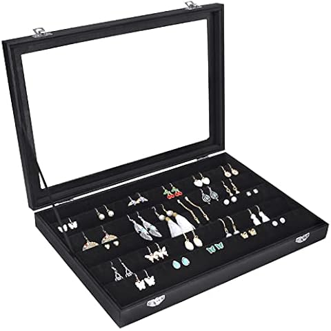 Siveit Earring Organizer Tray Velvet Earring Display Organizer Storage Box Premium 110 Slot 55 Pair Earring Display Organizer with Transparent Glass Cover Suitable for Women and Girls (Black) Cover