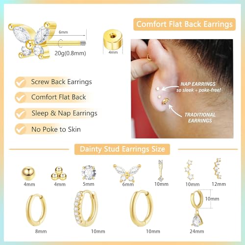 Gold Stud Earrings Set for Women, Hypoallergenic Surgical Steel Earrings for Sensitive Ears, 14K Gold Plated Flat Back Cartilage Stud Earrings, Dainty Birthstone Trendy Stainless Steel Hoop Earrings Women Fashion Accessories Jewelry Gifts﻿3