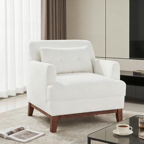 VANOMi Comfy Accent Chair, Terry Oversized Lounge Chair with Cushion, Mid-Century Modern Living Room Chairs Comfy Chair for Bedroom, Apartment, White