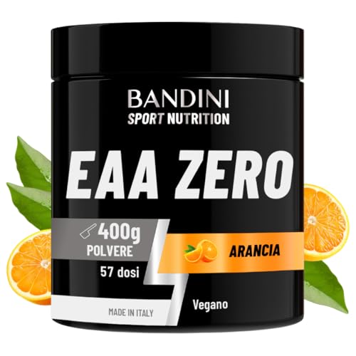 Bandini® EAA Essential AMINO in polvere - 400 g powder - Con 9 Amminoacidi Essenziali Fermentati e Ramificati BCAA 2:1:1 - Recupero Muscolare - Intra Pre Post Workout - 100% Vegan - Gusto Arancia