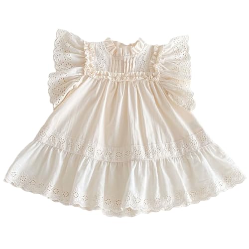 Summer Girls’ Cotton-Linen Princess Dress with Lace Trim and Flutter Sleeves (US, Age, 18 Months, 24 Months, Apricot)
