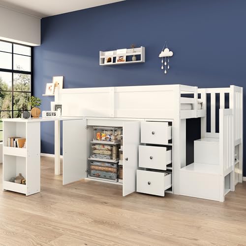 Sapgaks Lit Mezzanine Enfant 90x200 avec Bureau Coulissant,Compartiment de Rangement...