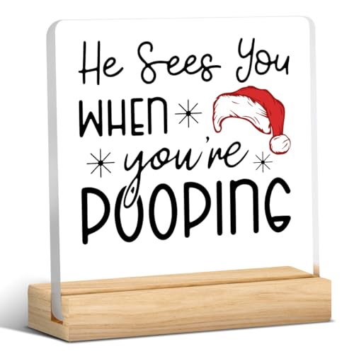 Funny 'He Sees You When You're Pooping' Acrylic Sign - Christmas Desk Decor for Bathroom, Toilet, Restroom - 4 x 4 inch