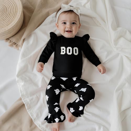 Kids Toddler Baby Girl Halloween Outfit Boo Sweatshirt and Ghost Bell Bottom Flare Pants Set 2Pcs Fall Winter Clothes3