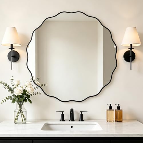Image of WallBeyond Round Wavy Mirror for Wall Decorative 36 inch, Modern Round Mirror Aluminum Frame for Bathroom Bedroom Living Room Home House Office Entryway, Black