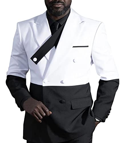 Men's Black White Contrast Suit 2 Pieces Double Breasted Blazer Trousers Wedding Prom Suit Set4