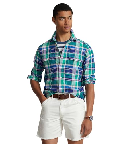 Image of POLO RALPH LAUREN Men's Classic Fit Plaid Oxford Long Sleeve Workshirt Green /Navy Multi Medium