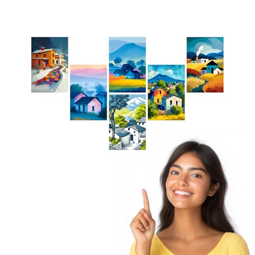 Image of SiddArtify Colorful Village Wall Art Prints Set - Impressionist Home Decor Poster for Living Room Bedroom Office - Set of 2-4x6 Inch - Board (Pack of 6) - Sticker (Pack of 6)