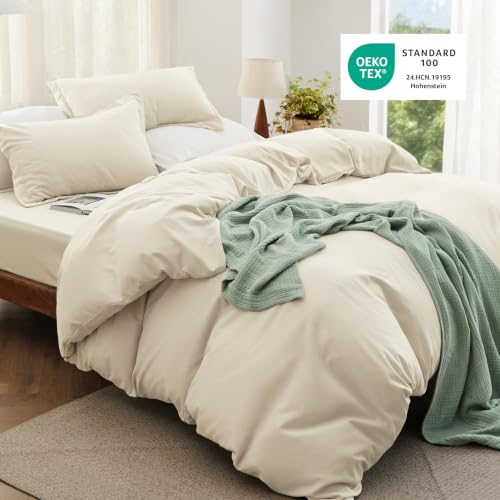 Image of Bedsure Prewashed Duvet Cover Queen with Fitted Sheet, 4-Piece Set, Cream