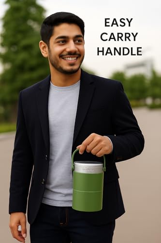 Image of Headway ZAO Insulated Heavy Duty Lunchbox-2 Year Warranty Double Wall Insulated-Matte Green 750 ML | Free Foldable Stainless Steel Spoon | Pickle Box | Hot for 6 hrs & Cold for 8 hrs