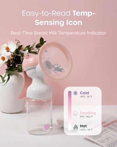Image of Nuliie 8010 Manual Breast Pump, Adjustable Suction with Temperature-Indicating Bottle, 6oz Wide-Neck Bottle, Narrow-Neck Adapter, Hand Pump Breastmilk with Flanges, BPA-Free, Heat Resistant