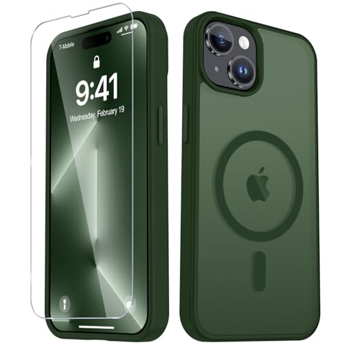 YENAPOON for iPhone 15 Case iPhone 14/13 Case Matte Magnetic Phone Cover [with 1 Screen Protector] [Support for MagSafe] [Shockproof Military Grade Protection] Translucent Frosted Back Sage Green