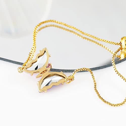 Bonjoulry Butterfly Crystal Charm Bolo Bracelet 18K Gold Plated For Women Teen Girls: Bohemian Cubic Zirconia Adjustable Dainty Bracelet Jewelry Gifts (Lt.purple Crystal Ab) #TOP5