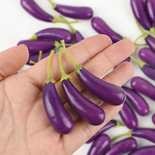 HUIANER Mini Artificial Eggplant, 40PCS Fake Eggplant Lifelike Vegetable Simulation Mini Vegetable Eggplant for Home Kitchen Photography Party Decoration, 3cm