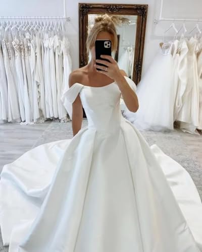 A Line Off Shoulder Satin Wedding Dresses for Bride Long Bridal Gowns for Women with Sweep Train4