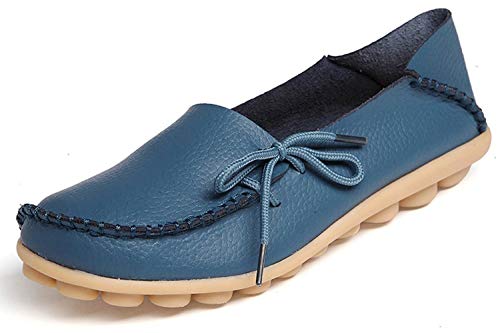 Mujer Mocasines de Cuero Moda Loafers Casual Zapatos de Conducción Cómodos Zapatillas del Barco Planos Sandalias para Caminar, A Azul, 37 EU