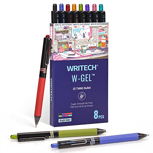 Writech Retractable Gel Ink Pens: Multi Colored 0.7Mm Medium Point Colorful Click Pen For Smooth Writing Journaling Drawing Notetaking No Bleed & Smear & Smudge 8Ct Vibrant Assorted Colors #TOP6