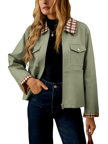 UEAL Cute Spring Jacket For Women 2026 Casual Green Plaid Military Casual Barn Jackets Large Green