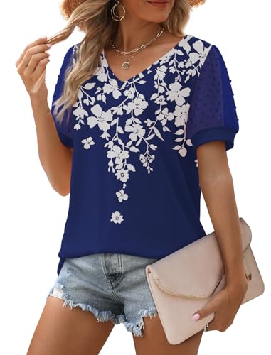 Image of Aokosor Womens Summer Tops V Neck T Shirts Swiss Dot Puff Sleeve Tops Loose Casual Tshirts