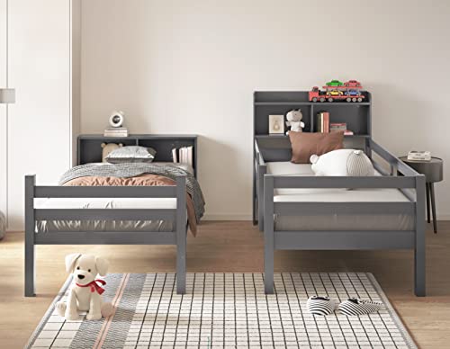 Deinppa Twin Over Twin Bunk Bed With Bookcase Headboard, Solid Wood Bunk Bed Frame With Shelf,Bunk Bed Can Be Separated Into 2 Freestanding Bed, No Box Spring Needed, For Kids Child Teens Boys Girls #TOP4