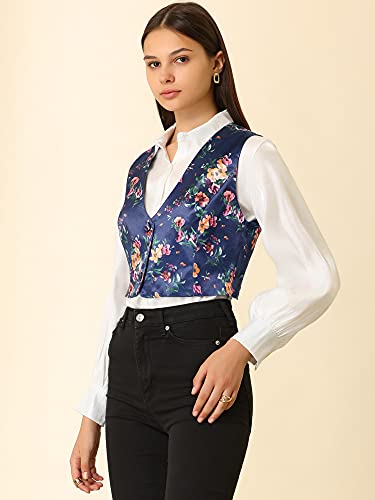 Allegra K Women's Floral Pattern Vest Fashion Button Closure Cropped Satin Dressy Waistcoat Vest4