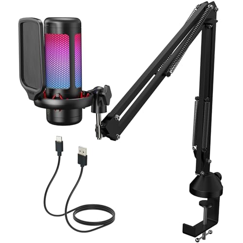 Gaming USB Microphone Set for PC, TONOR RGB Condenser Mic with Boom Arm Quick Mute, RGB Lighting, Pop Filter, Shock Mount, Gain Control for Streaming Podcasting Recording Discord Twitch YouTube TC310+