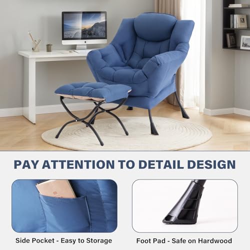 Image of Tiita Lazy Chair with Ottoman, Blue Modern Large Accent Chair, Comfy Leisure Sofa Armchair with Ottoman, Reading Chair with Footrest for Bedroom, Living Room, Dorm Rooms, Blue