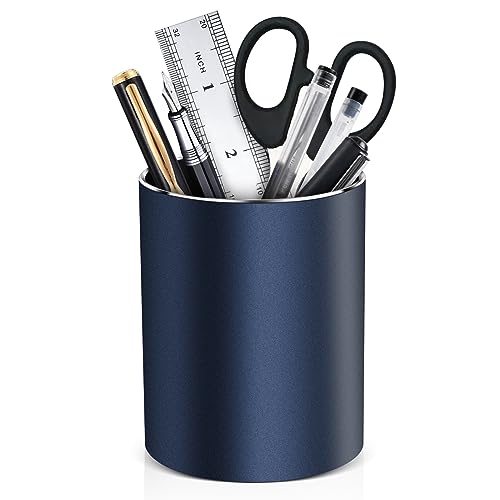 RQB Metal Pen Holder for Desk Round Aluminum Desktop Organizer and Makeup Brush Holder Storage Box for Office, School, Home, and Kids, Non-slip silicone bottom3.9×3.14inch (Blue)