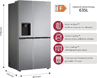 LG GSJV71PZTF Frigorifero Americano Side by Side Total No Frost con Congelatore, 635 L, Dispenser Acqua e Ghiaccio, Door Cooling, Linear Cooling, Door-in-Door - Frigo Smart con Wi-Fi e Freezer