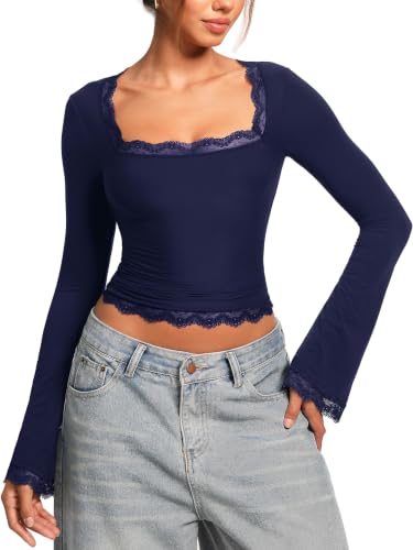 Image of OZICERD Women Bell Long Sleeve Shirts Cute Going Out Top Lace Trim Square Neck Double Lined Fitted Basic Tops Y2k Tight Slim