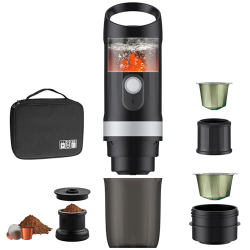 FUNYKICH Portable Coffee Maker with Outdoor Carrying Bag, Travel Car Portable Espresso Maker for Camping, Self-Heating with USB-C, Ground Coffee & Compatible for NS Capsule, for RV, Hiking, Office