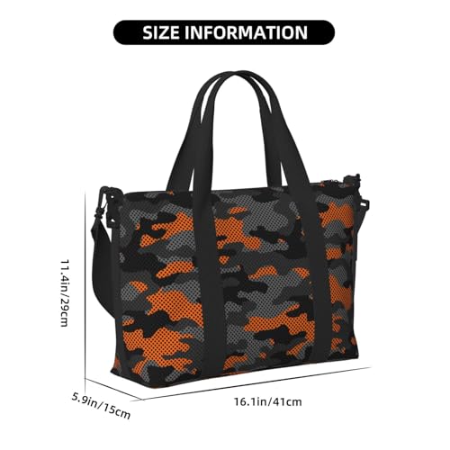 Orange Grey Camouflage Print Travel Duffle Bags for Women, Personal Item Overnight Weekender Sport Carry On Gym Bag for Men Women2