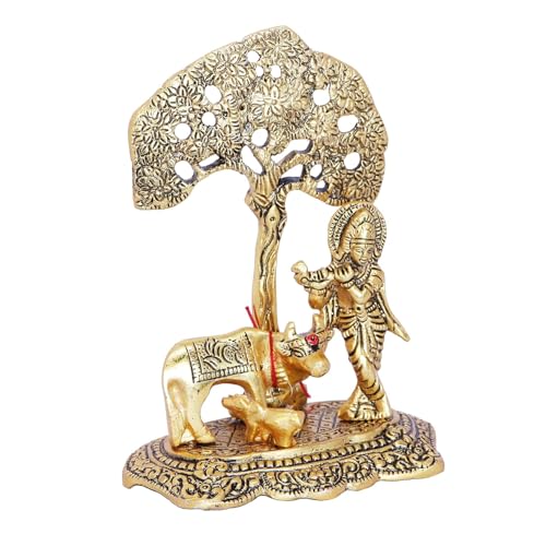 Image of Premium Golden Finish Metal Krishna Playing Flute with Cow Sculpture, Decorative Hindu God Murti for Mandir, Office, Festive Gift and Home Decoration