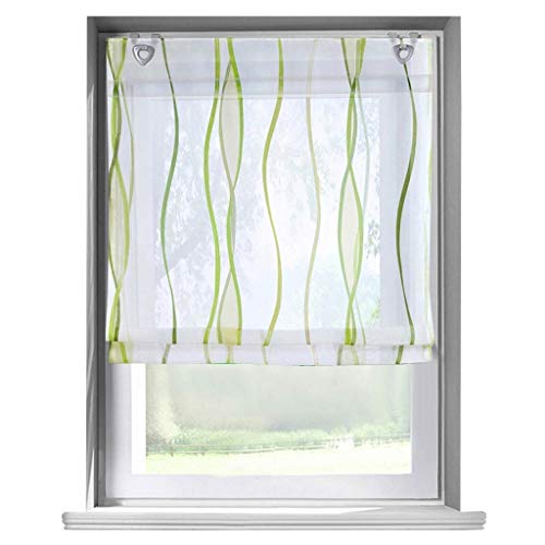 ESLIR Estor con ojales, cortina de cocina, cortina transparente con ojales, cortina con impresión de ondas, moderno, voile verde, ancho x alto 60 x 140 cm, 1 pieza Cover