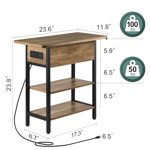 Image of Yoobure End Table with Charging Station, Flip Top Side Table with USB Ports and Outlets, Sofa Couch Table Bedside Table for Living Room Bedroom, Narrow Nightstand with Storage Shelves for Small Space